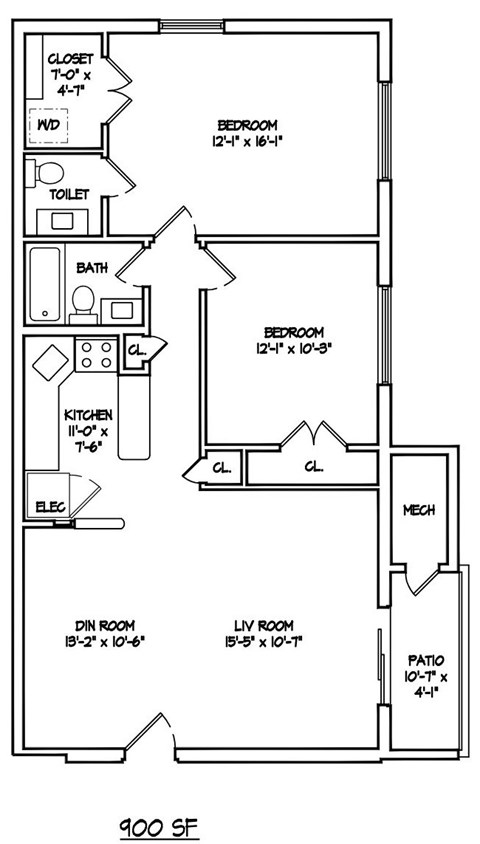 Floor plan for 2 beds, 1.5 baths, 900 sqft